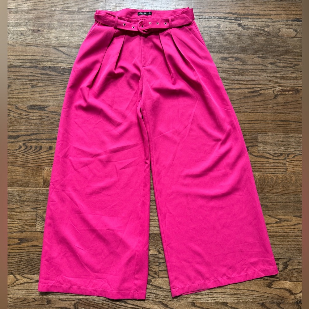 Nasty Gal Collection Vibrant Pink Ultra Wide-Leg Belted Pants, size 10